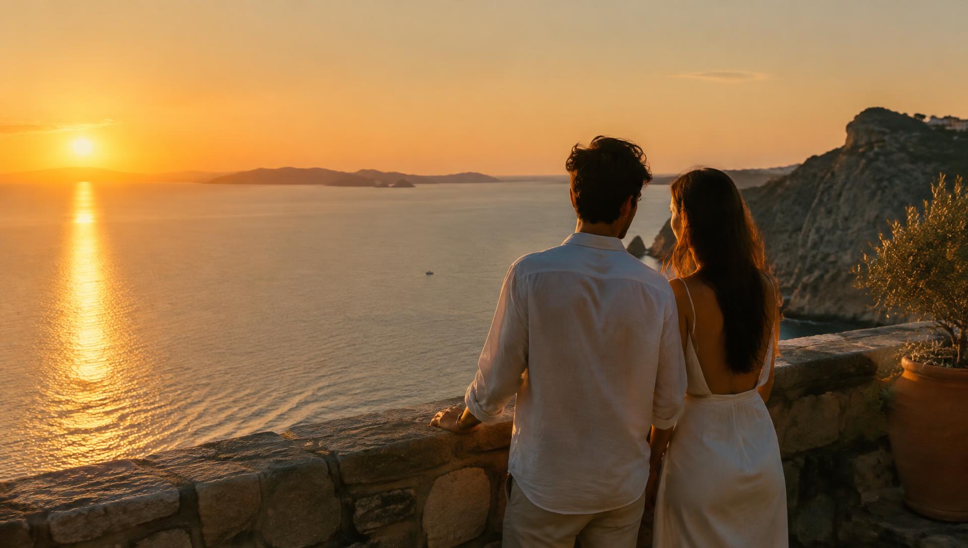 A couple on a terrace overlooking the Mediterranean at golden hour